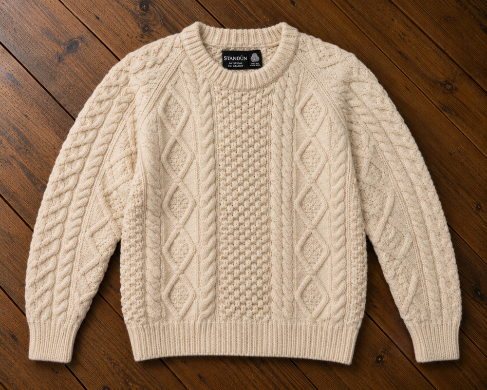 Standun Aran Irish Wool Fisherman Cable Knit Sweater Men's S Cream Handmade